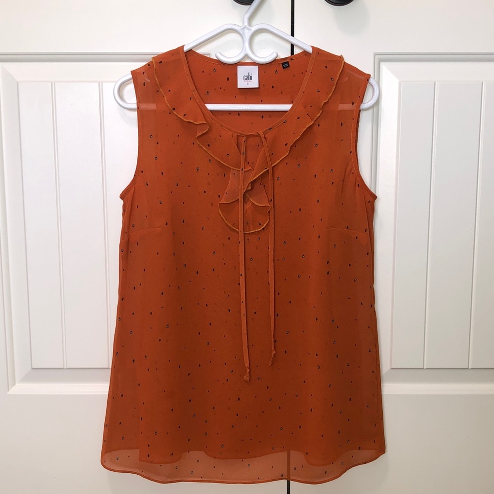 CAbi Sparkle Top Ruffle V-Neck Sleeveless Orange Blouse - S